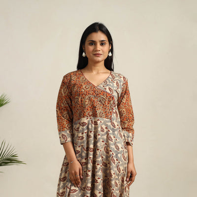 Beige - Pedana Block Print Cotton Flared Kalamkari Dress 05