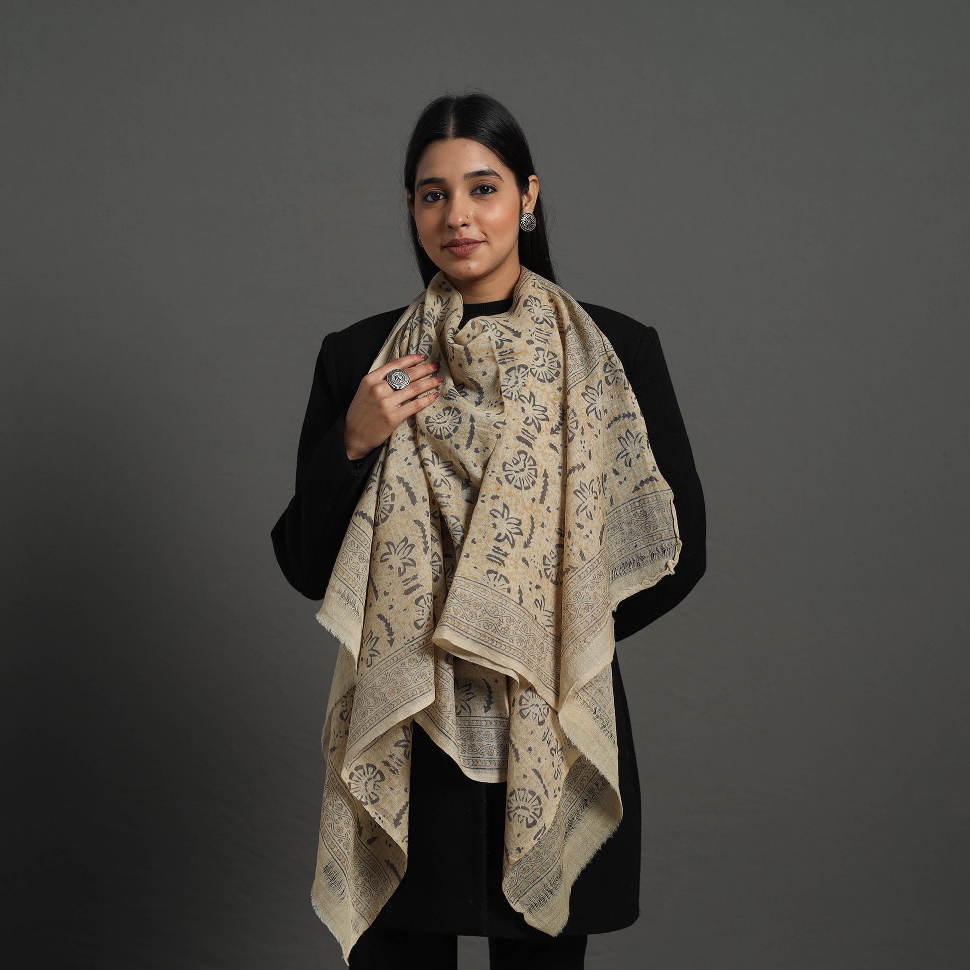 Beige - Block Print Pedana Kalamkari Wool Stole 39