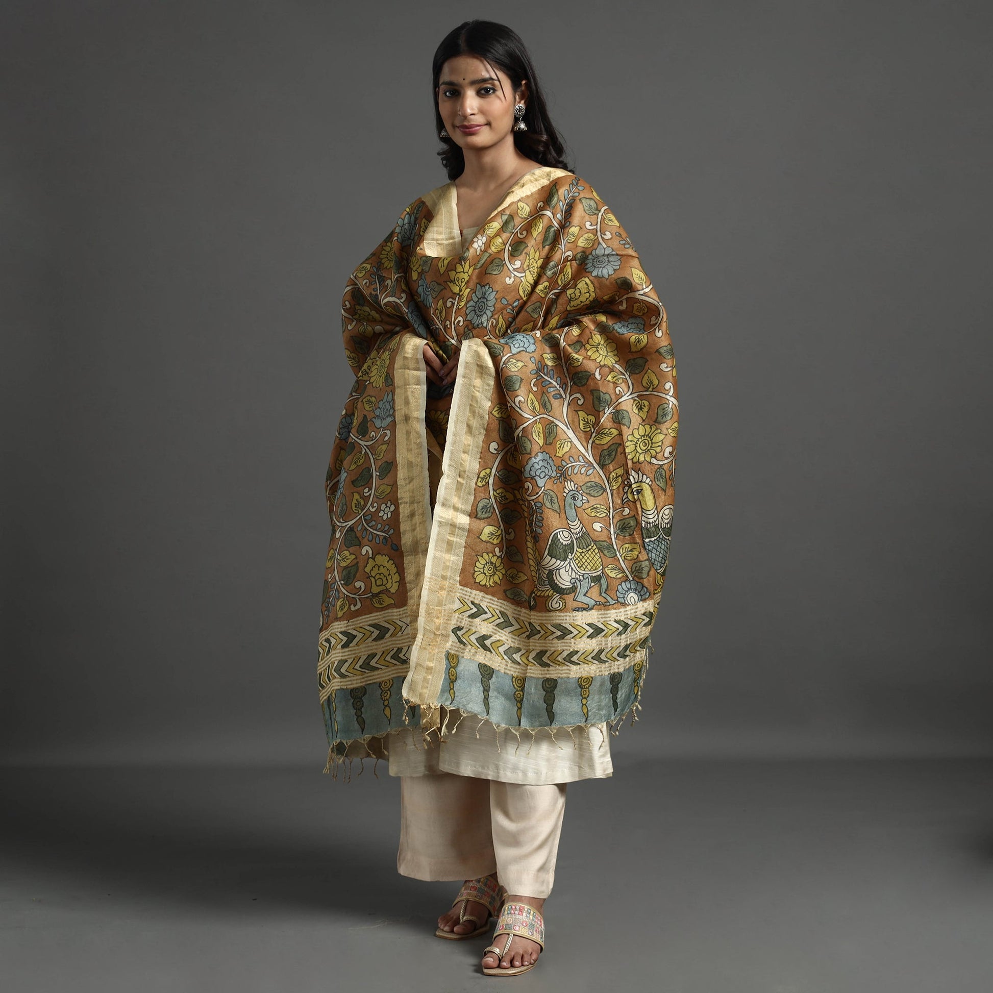 Brown - Pure Tussar Silk Pen Work Srikalahasti Kalamkari Dupatta with Dobby Border
