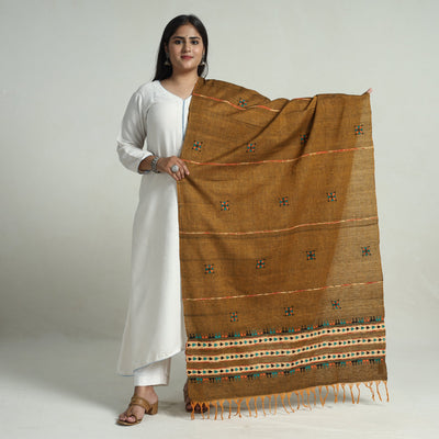 Brown - Bengal Kantha Embroidery Khes Handwoven Cotton Dupatta with Tassels 136