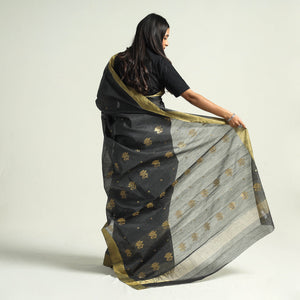 Black - Traditional Chanderi Silk Handloom Saree with Zari Border & Buta