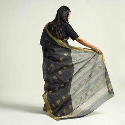 Black - Traditional Chanderi Silk Handloom Saree with Zari Border & Buta