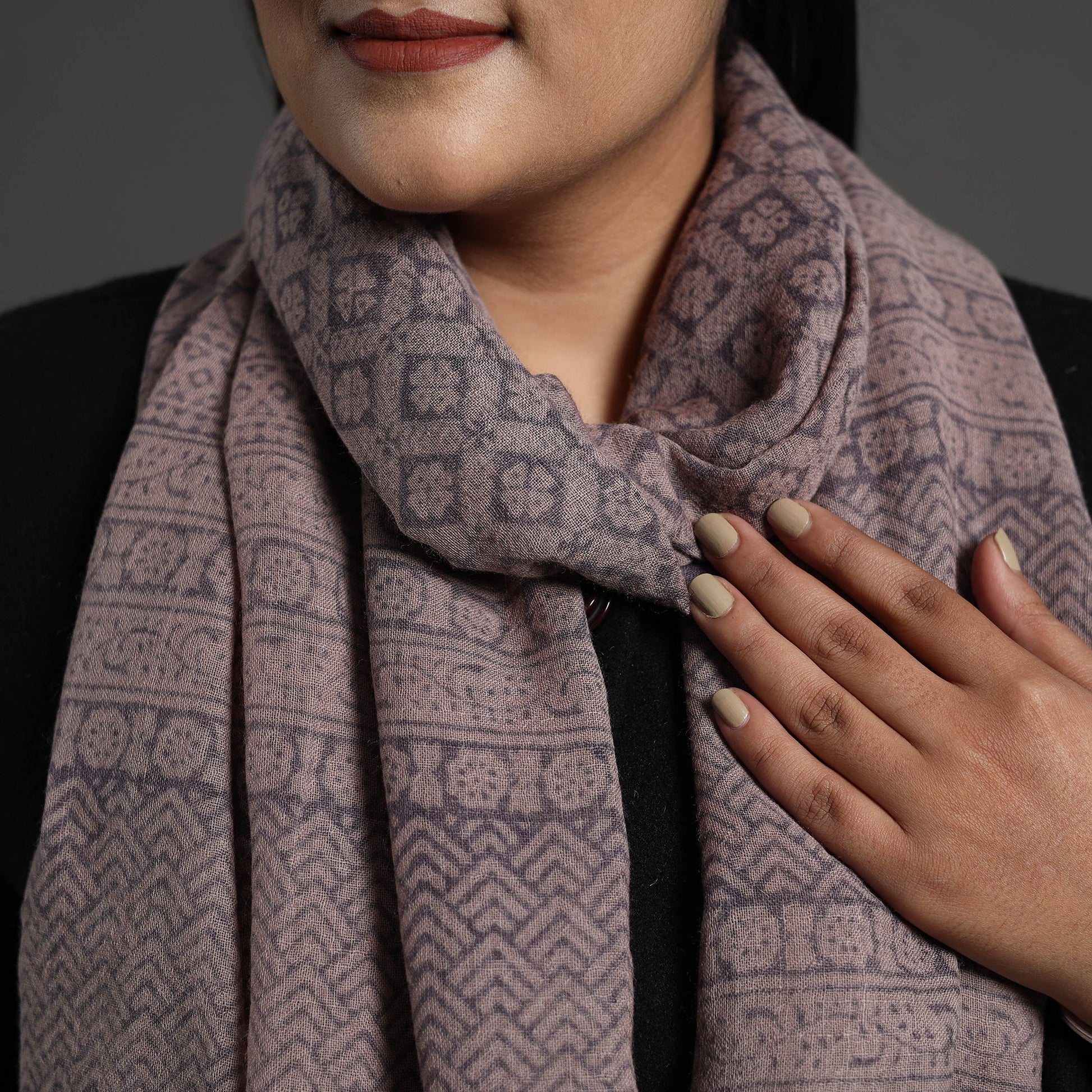 Brown - Bagh Hand Block Printed Merino Woollen Stole 44