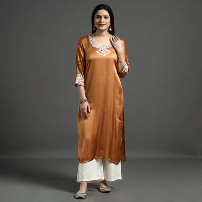 Brown Modal Silk Hand Embroidered Long Straight Kurta
