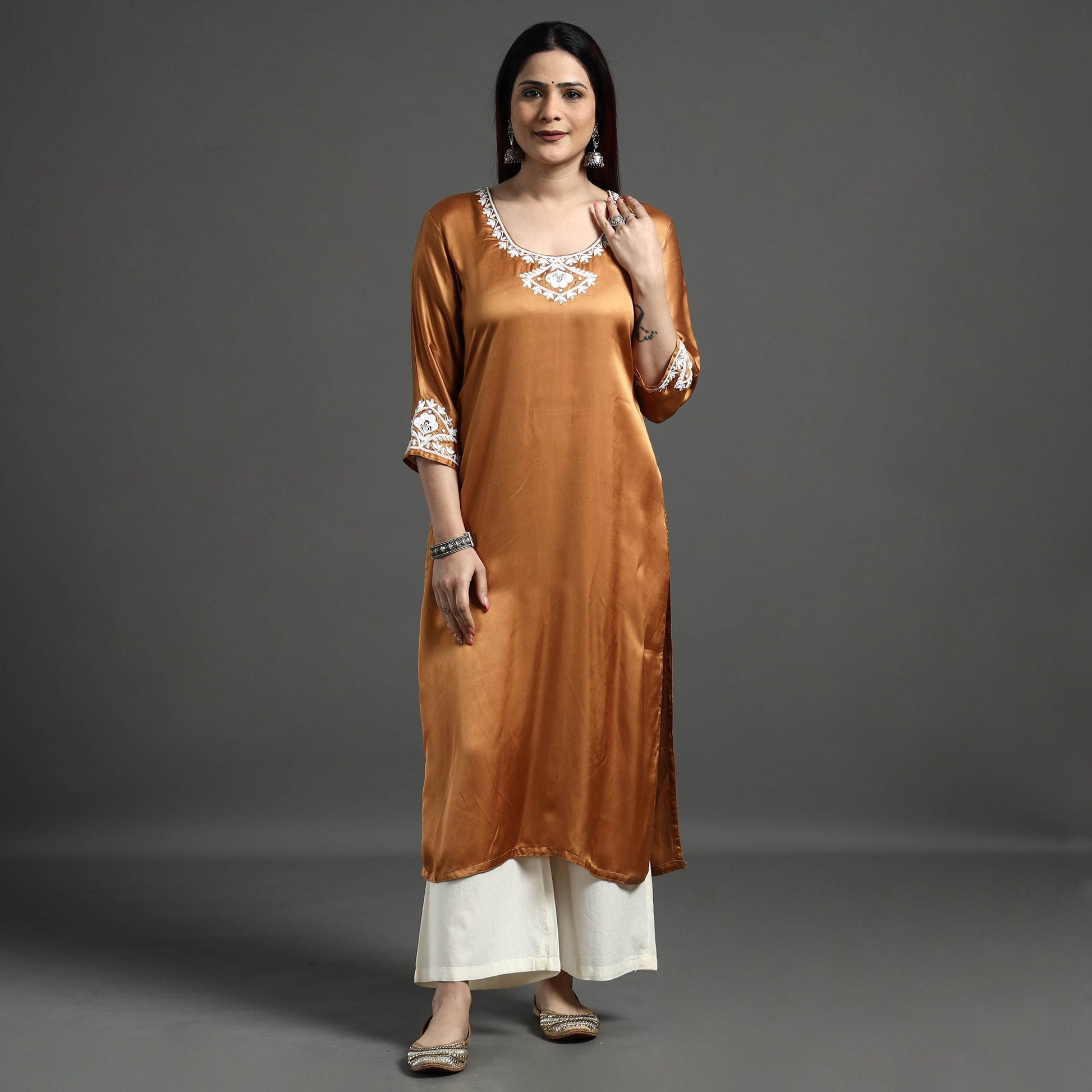 Brown Modal Silk Hand Embroidered Long Straight Kurta