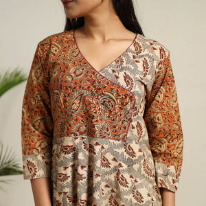 Beige - Pedana Block Print Cotton Flared Kalamkari Dress 05
