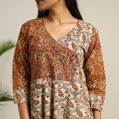 Beige - Pedana Block Print Cotton Flared Kalamkari Dress 05