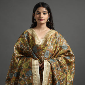 Brown - Pure Tussar Silk Pen Work Srikalahasti Kalamkari Dupatta with Dobby Border