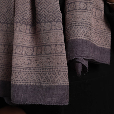 Brown - Bagh Hand Block Printed Merino Woollen Stole 44