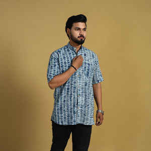 Blue - Half Sleeve Tie & Dye Cotton Men Shibori Shirt 08