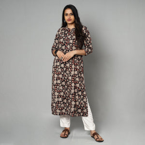Black - Kalamkari Printed Cotton Long Kurta