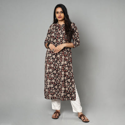 Black - Kalamkari Printed Cotton Long Kurta