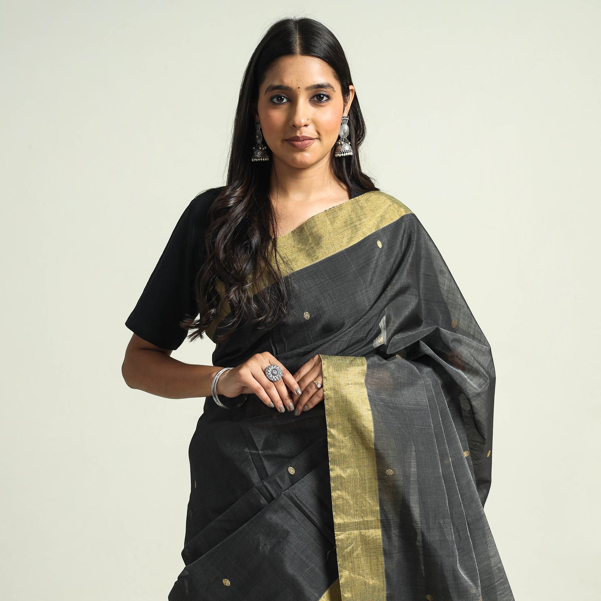 Black - Traditional Chanderi Silk Handloom Saree with Zari Border & Buta