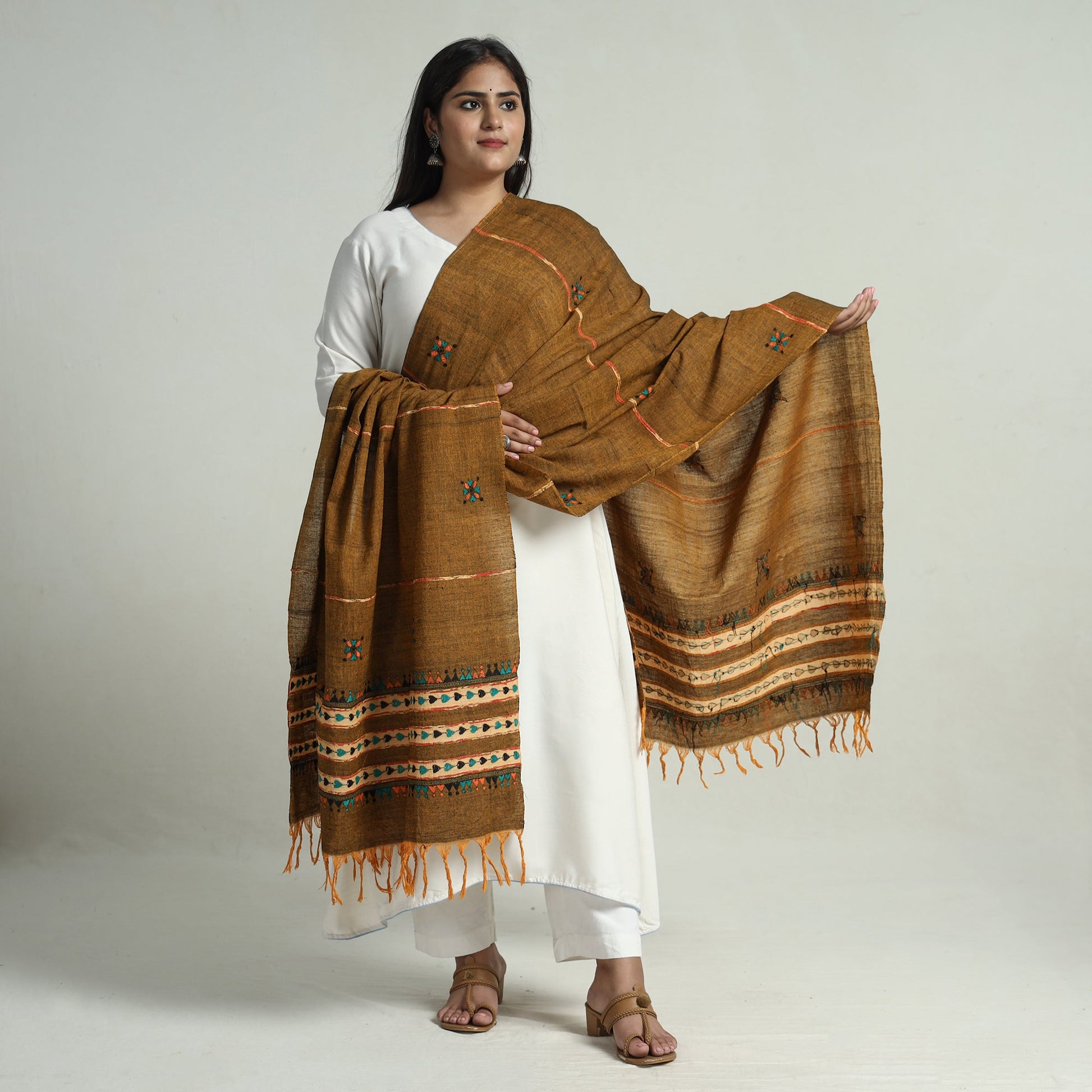 Brown - Bengal Kantha Embroidery Khes Handwoven Cotton Dupatta with Tassels 136