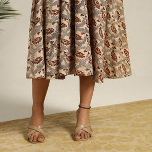Beige - Pedana Block Print Cotton Flared Kalamkari Dress 05