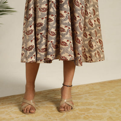 Beige - Pedana Block Print Cotton Flared Kalamkari Dress 05