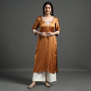 Brown Modal Silk Hand Embroidered Long Straight Kurta