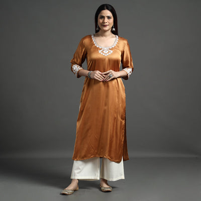 Brown Modal Silk Hand Embroidered Long Straight Kurta