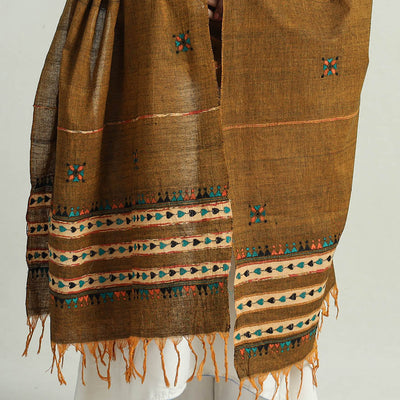 Brown - Bengal Kantha Embroidery Khes Handwoven Cotton Dupatta with Tassels 136