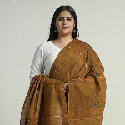Brown - Bengal Kantha Embroidery Khes Handwoven Cotton Dupatta with Tassels 136