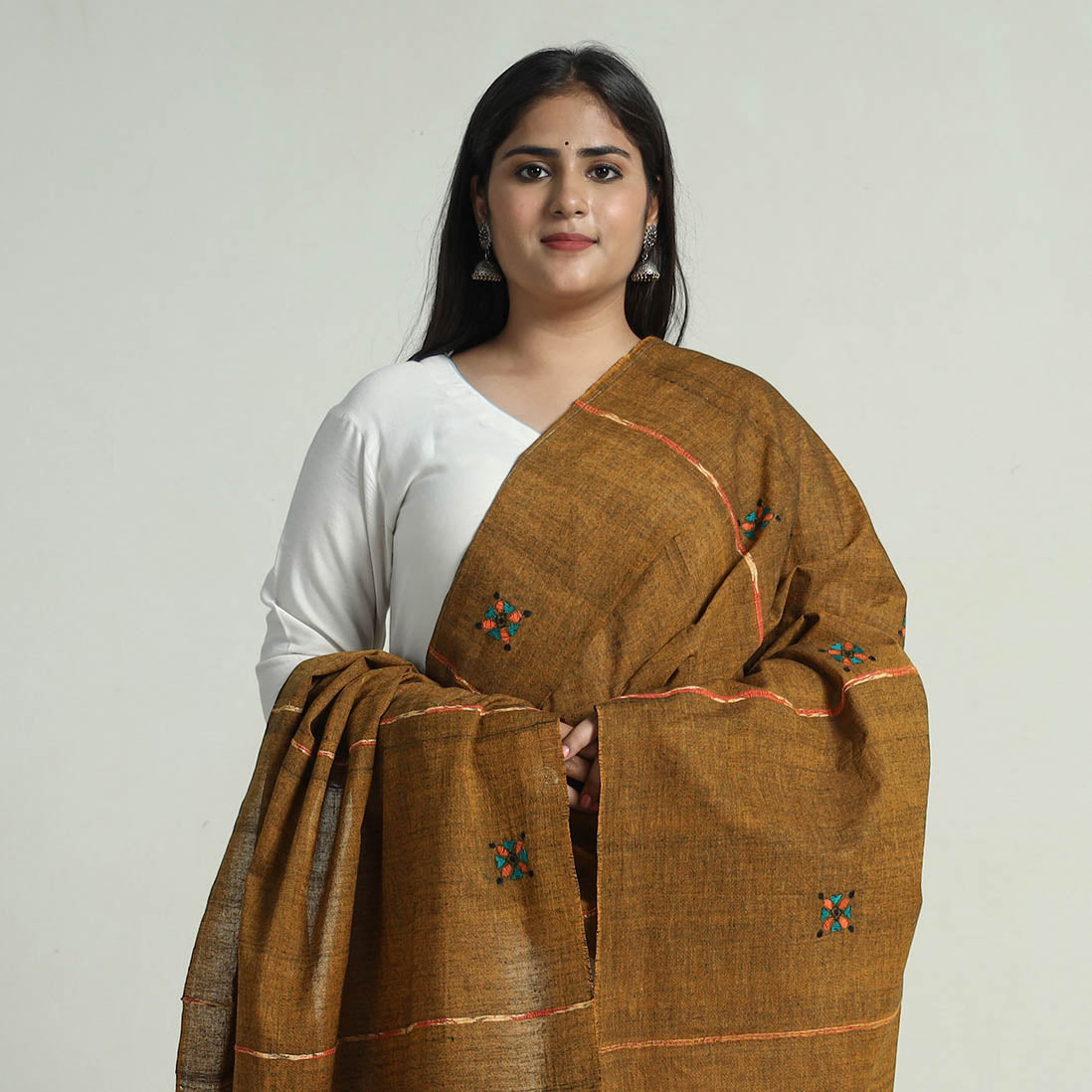 Brown - Bengal Kantha Embroidery Khes Handwoven Cotton Dupatta with Tassels 136