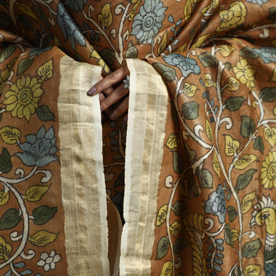Brown - Pure Tussar Silk Pen Work Srikalahasti Kalamkari Dupatta with Dobby Border