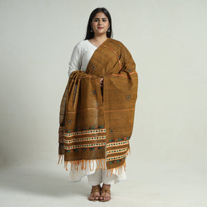 Brown - Bengal Kantha Embroidery Khes Handwoven Cotton Dupatta with Tassels 136