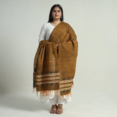 Brown - Bengal Kantha Embroidery Khes Handwoven Cotton Dupatta with Tassels 136