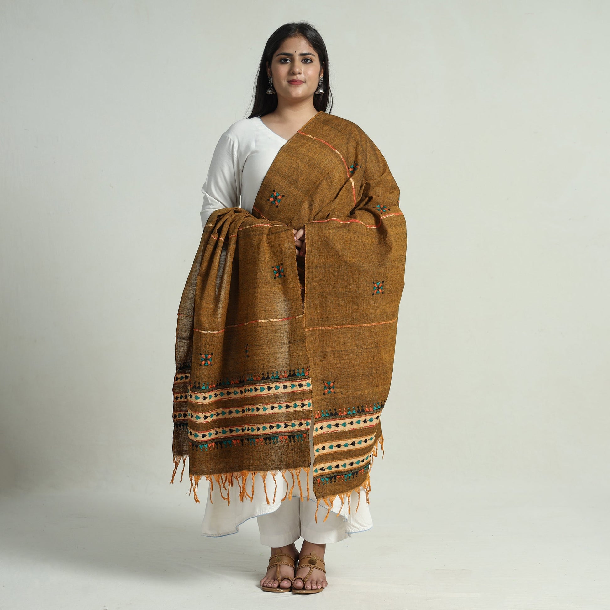 Brown - Bengal Kantha Embroidery Khes Handwoven Cotton Dupatta with Tassels 136