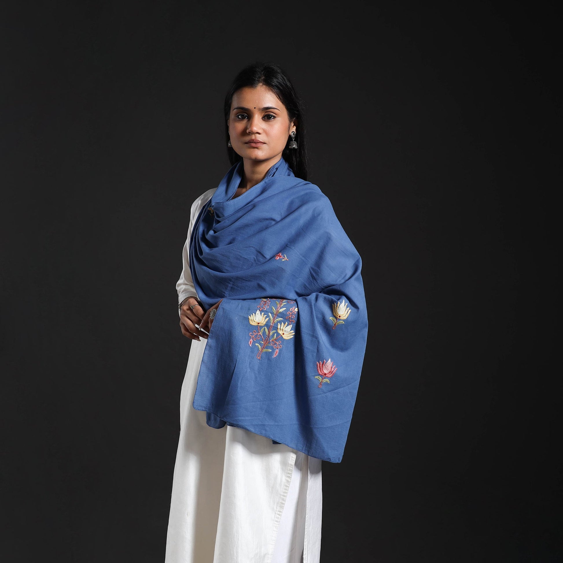 Blue - Cotton Kashida Embroidery Stole 17