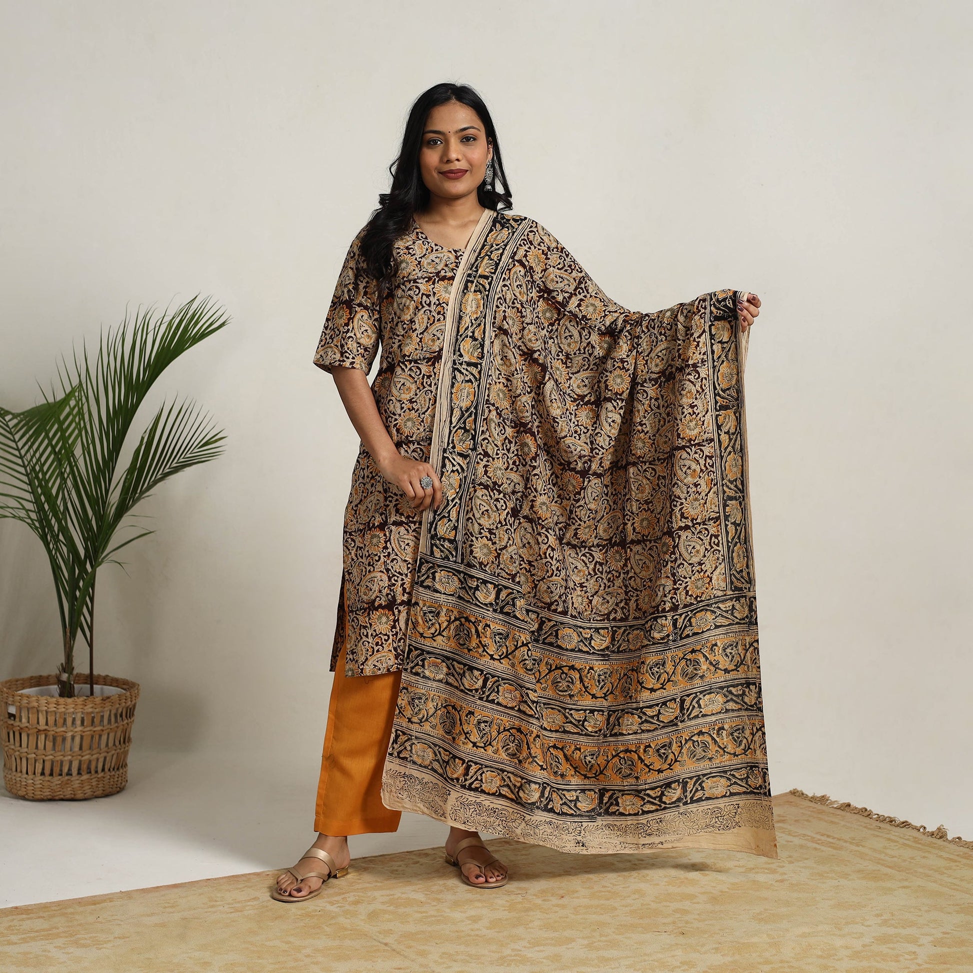 Brown - Block Printed Cotton Kalamkari Kurta Set 13