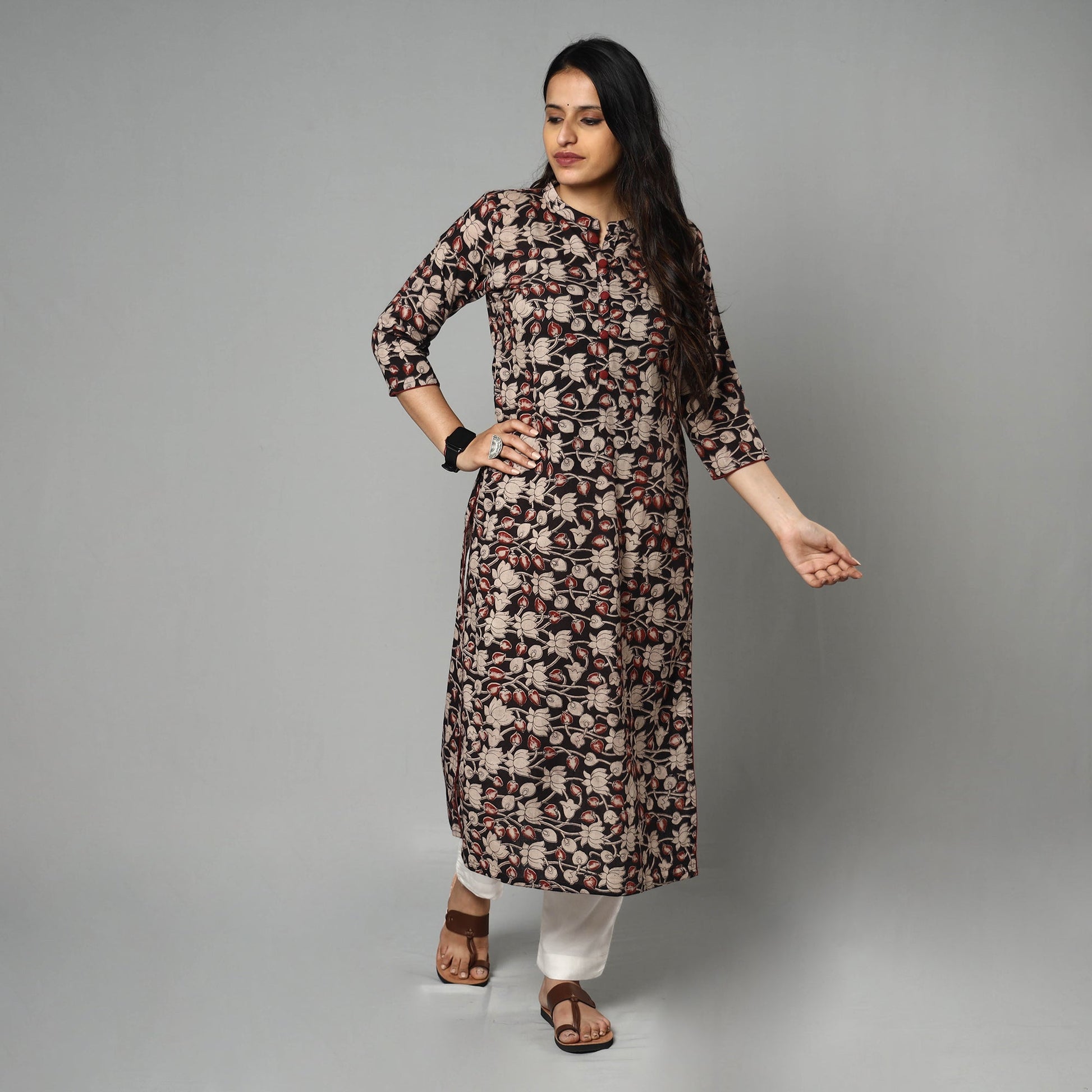 Black - Kalamkari Printed Cotton Long Kurta