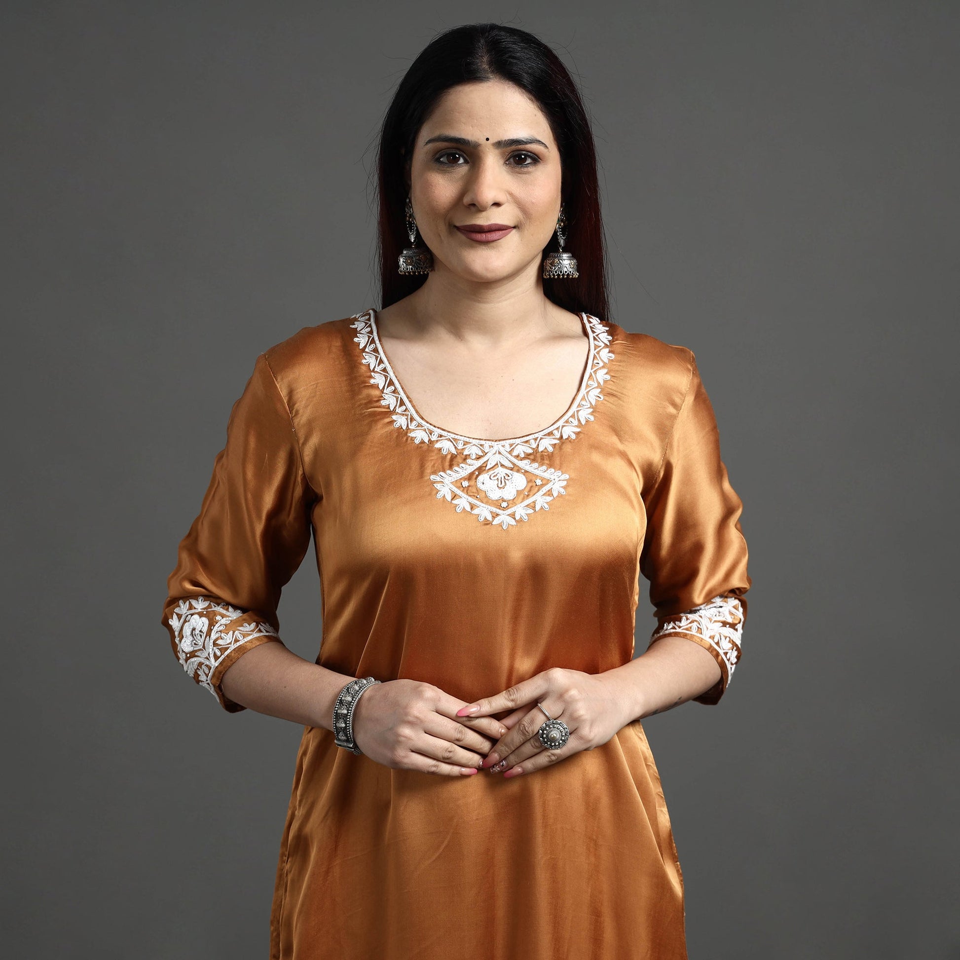 Brown Modal Silk Hand Embroidered Long Straight Kurta