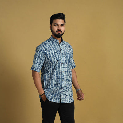 Blue - Half Sleeve Tie & Dye Cotton Men Shibori Shirt 08
