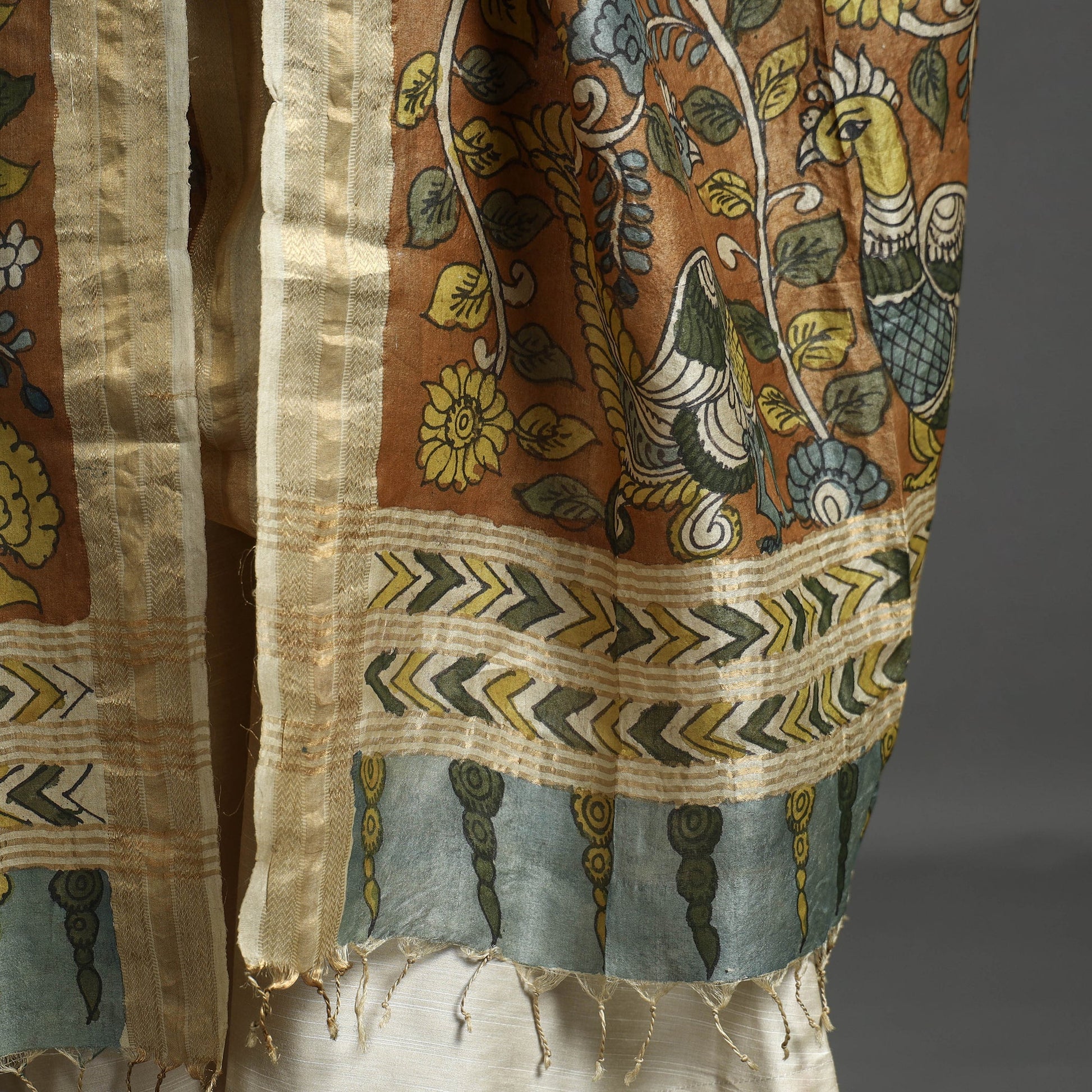 Brown - Pure Tussar Silk Pen Work Srikalahasti Kalamkari Dupatta with Dobby Border