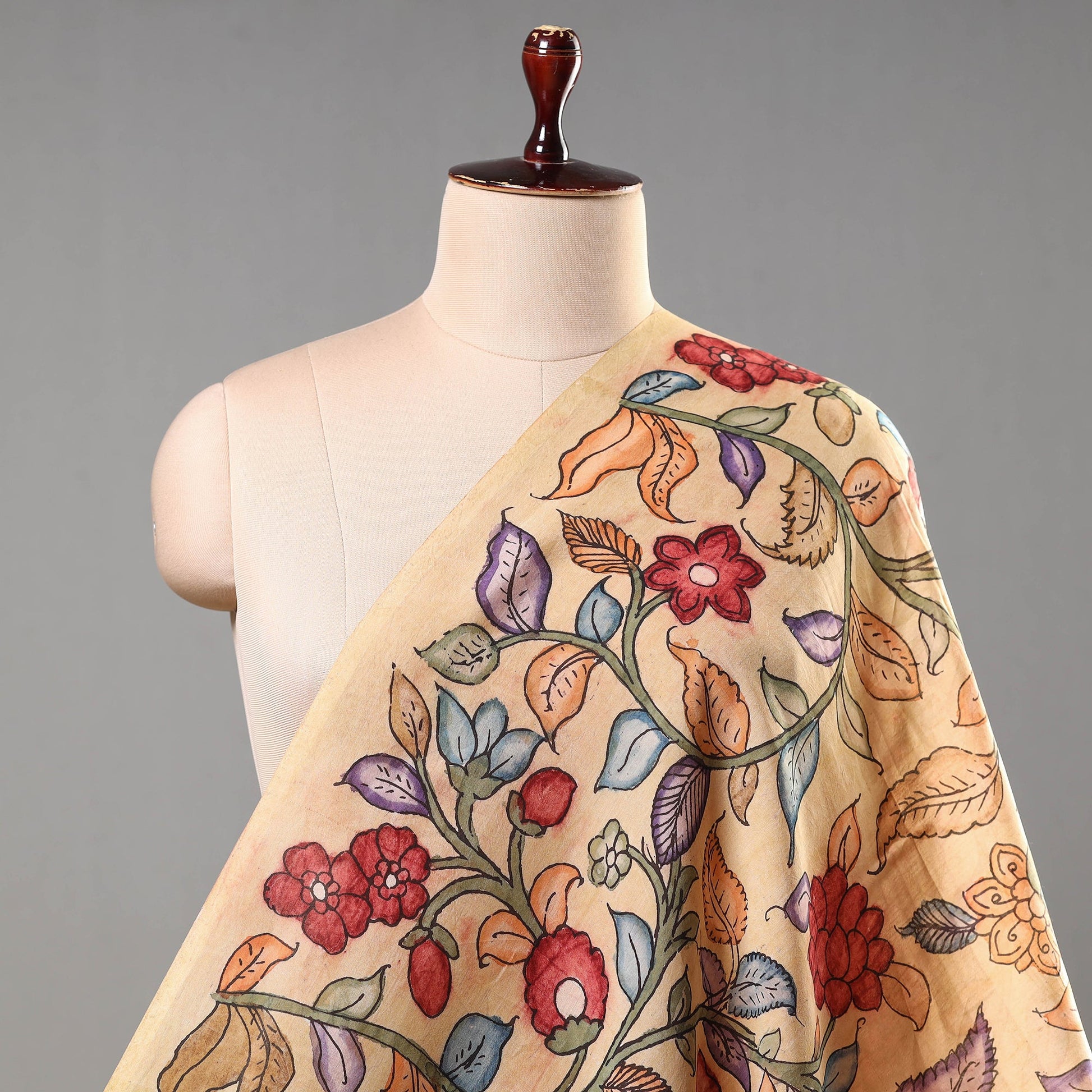 Beige - Srikalahasti Pen Work Chanderi Silk Kalamkari Fabric 14