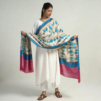 Bengal Kantha Hand Embroidery Desi Tussar Silk Block Print Handloom Dupatta 07