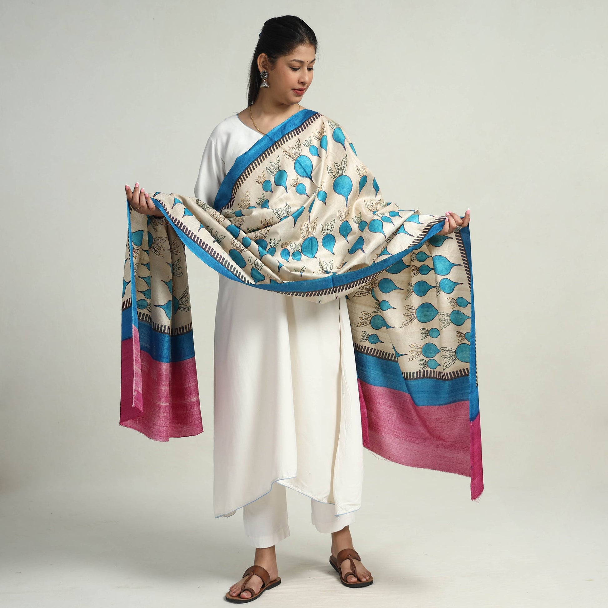 Bengal Kantha Hand Embroidery Desi Tussar Silk Block Print Handloom Dupatta 07