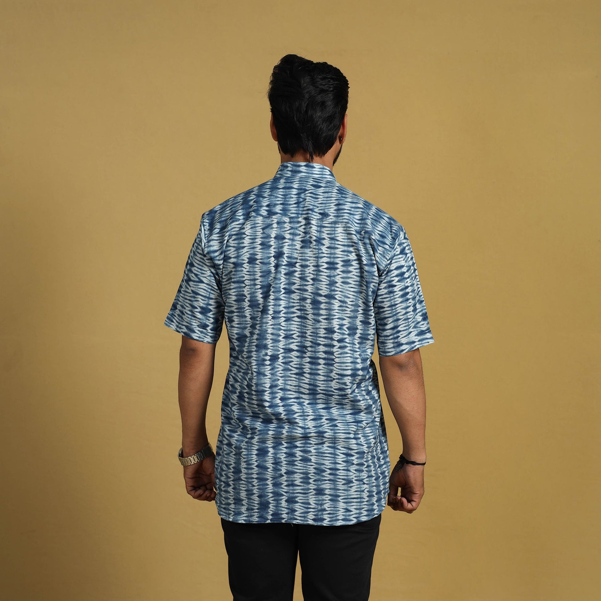 Blue - Half Sleeve Tie & Dye Cotton Men Shibori Shirt 08
