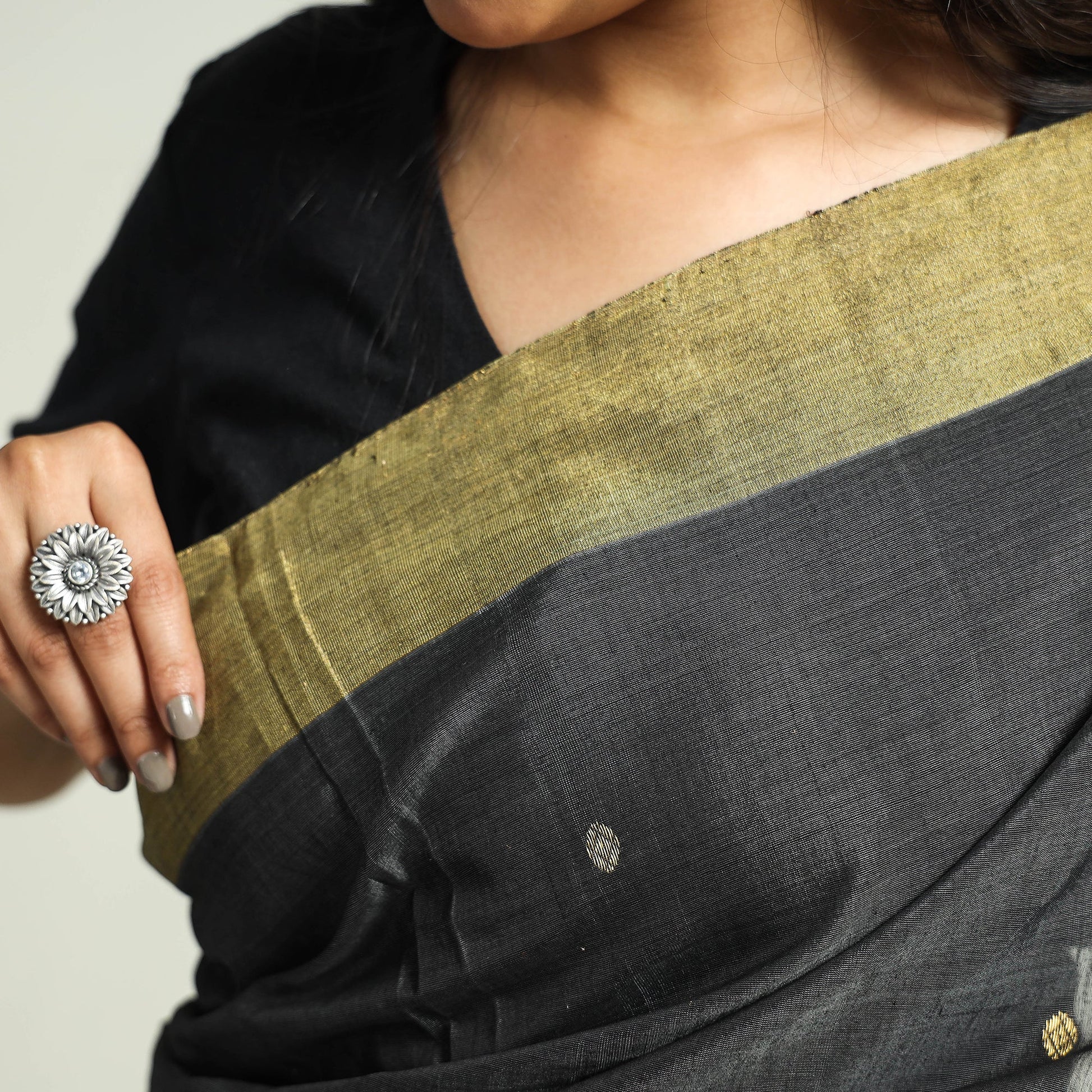 Black - Traditional Chanderi Silk Handloom Saree with Zari Border & Buta