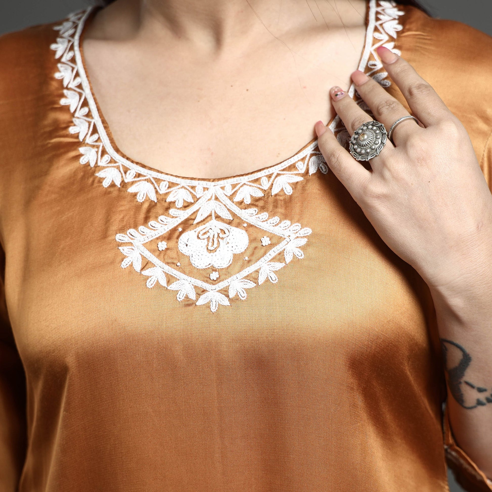 Brown Modal Silk Hand Embroidered Long Straight Kurta