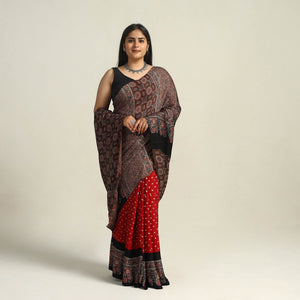 Brown - Kutch Bandhani Tie-Dye Modal Silk Ajrakh Block Printing Saree