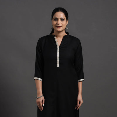 Black - Mahnoor Plain Handwoven Merino Woolen Kurta