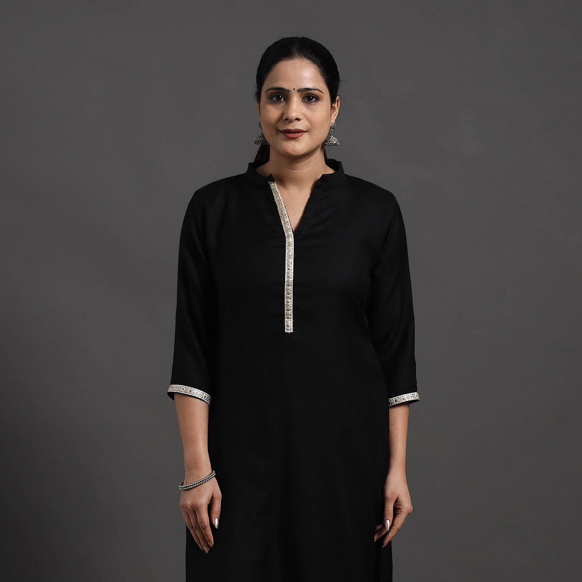 Black - Mahnoor Plain Handwoven Merino Woolen Kurta