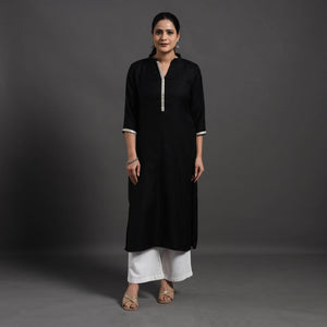 Black - Mahnoor Plain Handwoven Merino Woolen Kurta