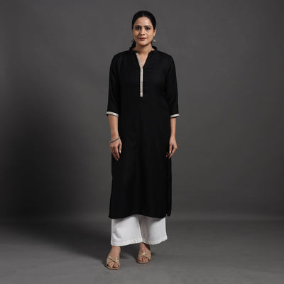 Black - Mahnoor Plain Handwoven Merino Woolen Kurta