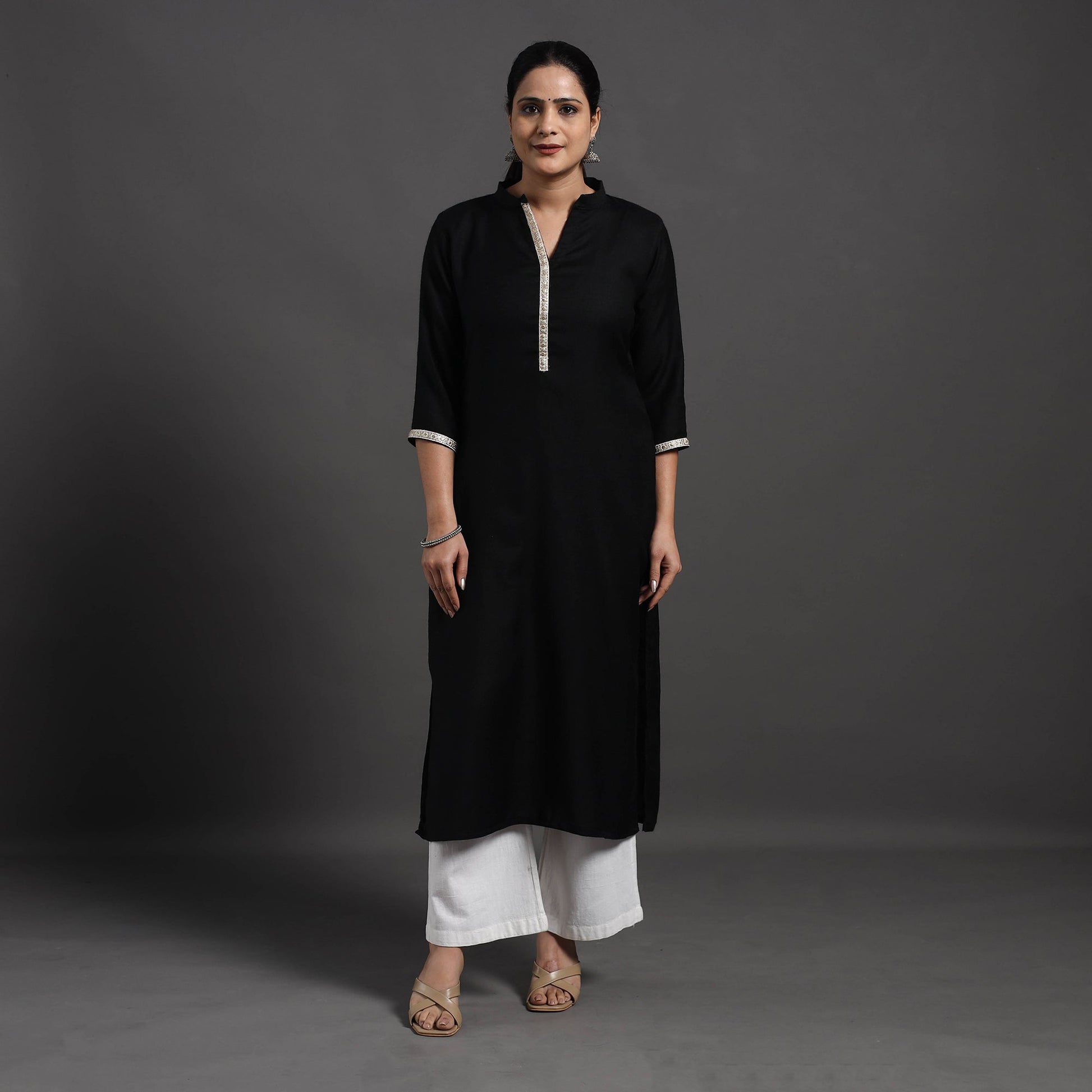 Black - Mahnoor Plain Handwoven Merino Woolen Kurta
