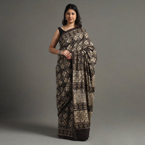 Brown - Pipad Hand Block Printed Cotton Saree