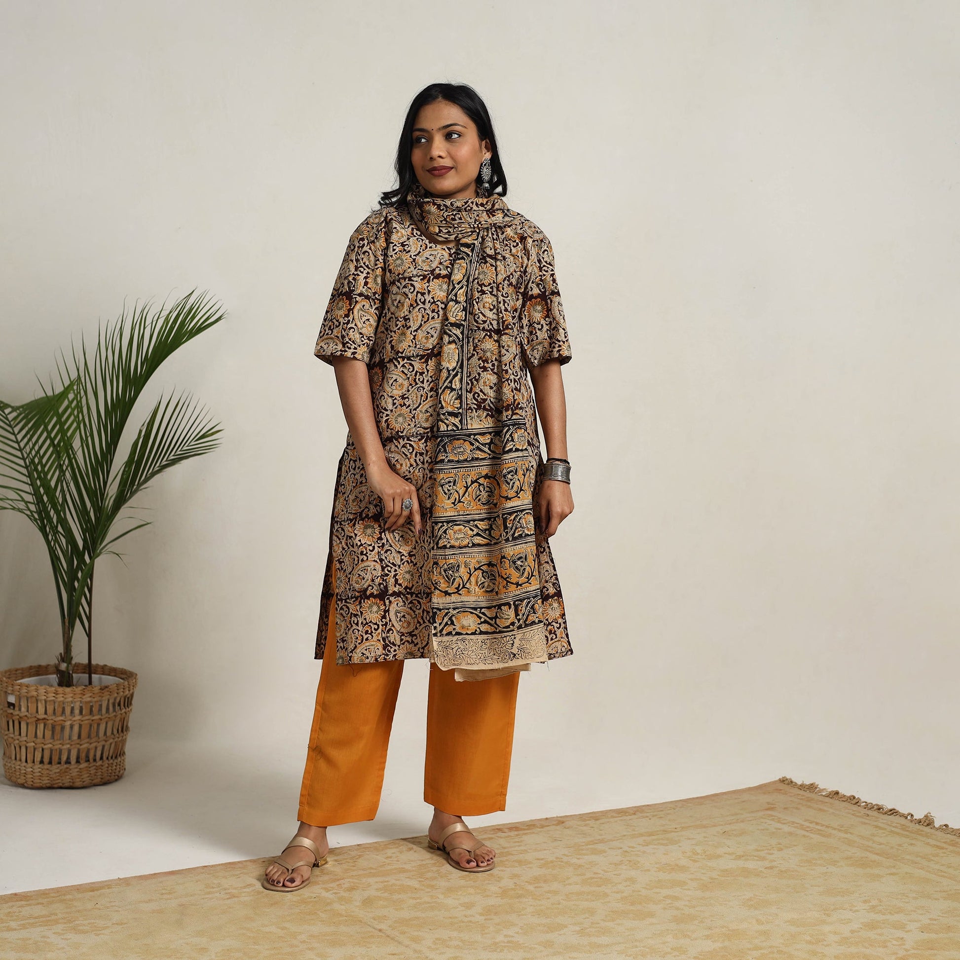 Brown - Block Printed Cotton Kalamkari Kurta Set 13
