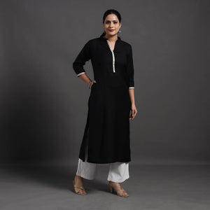 Black - Mahnoor Plain Handwoven Merino Woolen Kurta